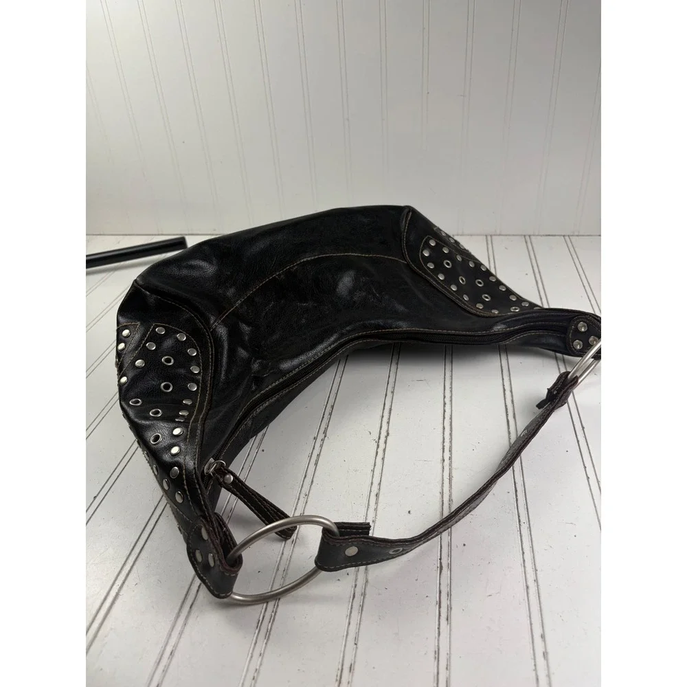 Vintage Y2K Black Leather Studded Punk Edgy Grunge Hobo Shoulder Bag